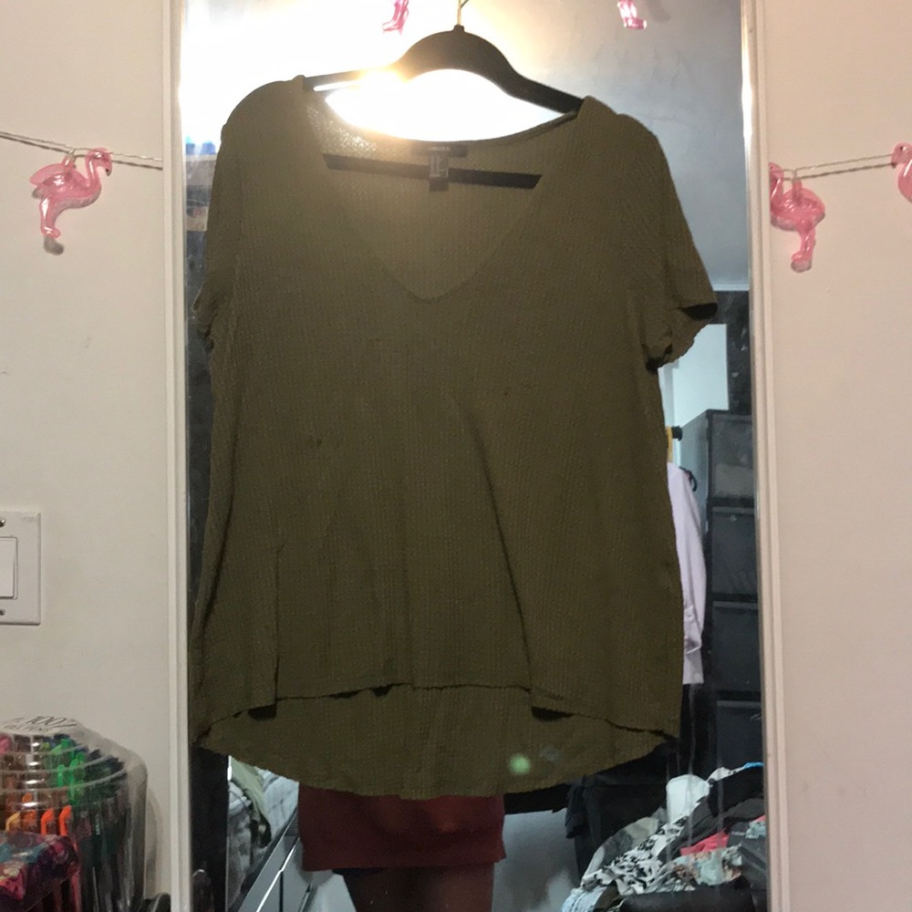 Green waffle knit tee shirt